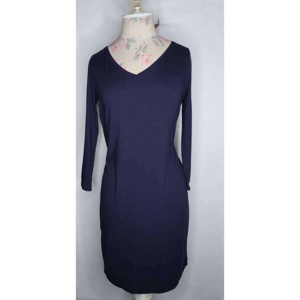Eileen Fisher V Neck Jersey Shift Dress Midnight Navy 3/4 Sleeve Women's XS EUC